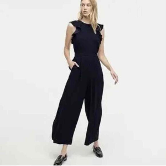 Navy one piece pantsuit with ruffle sleeves, large - Picture 1 of 9